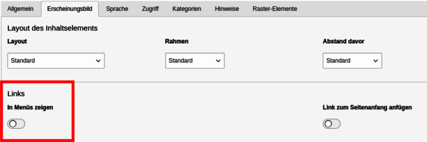 Einstellung: In Menüs anzeigen